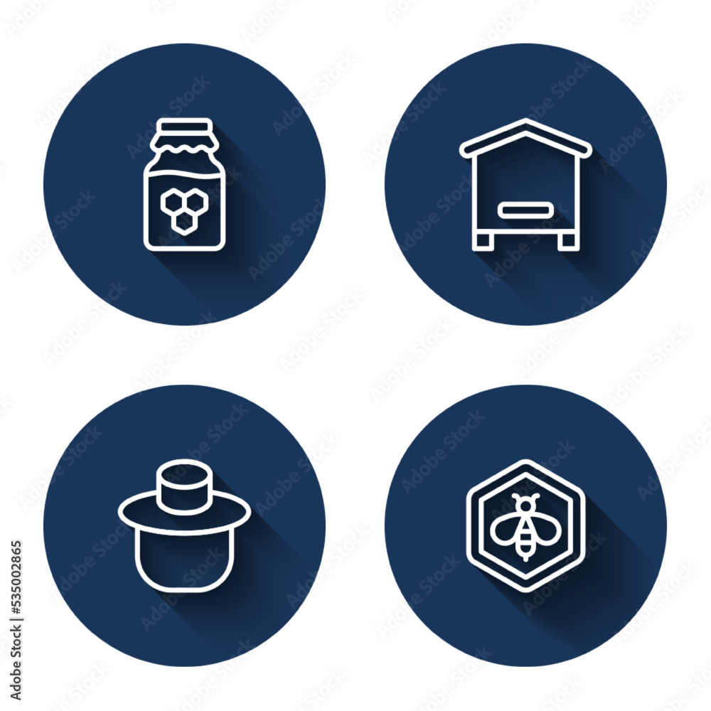 Set line Jar of honey, Hive for bees, Beekeeper with protect hat and and honeycomb with long shadow. Blue circle button. Vector Set line Jar of honey, Hive for bees, Beekeeper with protect hat and and honeycomb with long shadow. Blue circle button. Vector