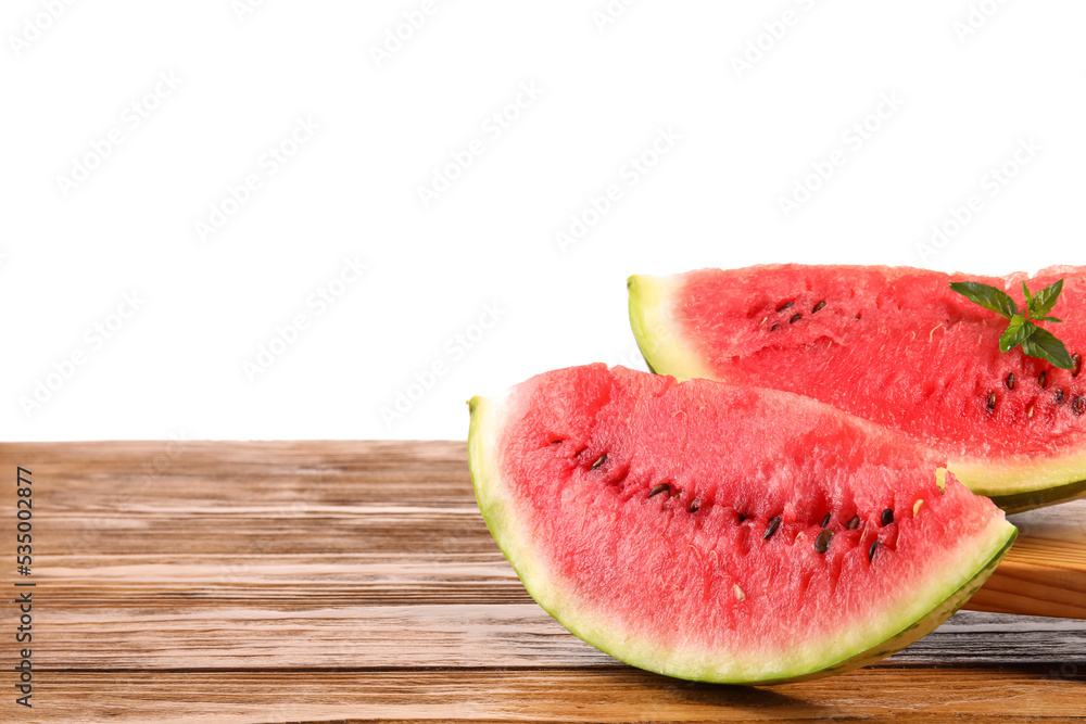 Stand with slices of ripe watermelon and mint on table against white background