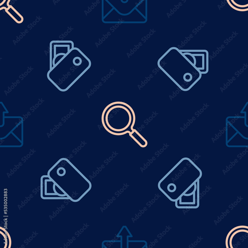 Set line Mail and e-mail, Wallet with money and Magnifying glass on seamless pattern. Vector Set line Mail and e-mail, Wallet with money and Magnifying glass on seamless pattern. Vector