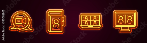 Set line Video chat conference, Phone book, and . Glowing neon icon. Vector