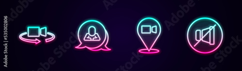 Set line 360 degree view, Speech bubble chat, Video conference and Mute microphone. Glowing neon icon. Vector