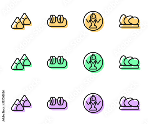 Set line Served fish on a plate, Zongzi in bamboo steamer, Sushi and Chicken egg icon. Vector