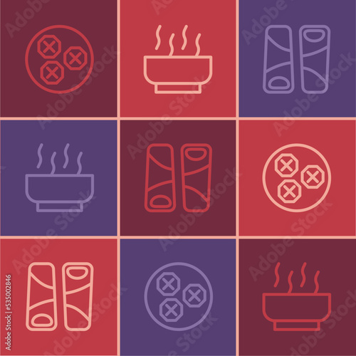 Set line Wonton, Guotie and Ramen soup bowl icon. Vector