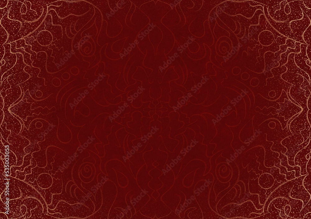 Hand-drawn unique abstract ornament. Light red on a deep red background, with vignette of same pattern and splatters in golden glitter. Paper texture. Digital artwork, A4. (pattern: p07-1a) Hand-drawn unique abstract ornament. Light red on a deep red background, with vignette of same pattern and splatters in golden glitter. Paper texture. Digital artwork, A4. (pattern: p07-1a)