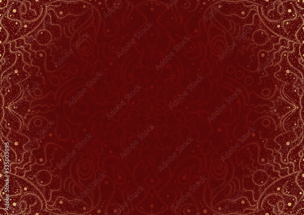 Hand-drawn unique abstract ornament. Light red on a deep red background, with vignette of same pattern and splatters in golden glitter. Paper texture. Digital artwork, A4. (pattern: p07-2a) Hand-drawn unique abstract ornament. Light red on a deep red background, with vignette of same pattern and splatters in golden glitter. Paper texture. Digital artwork, A4. (pattern: p07-2a)