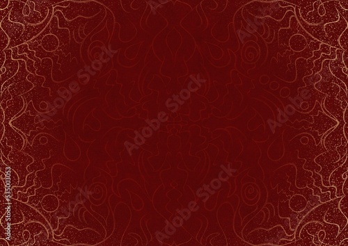 Hand-drawn unique abstract ornament. Light red on a deep red background, with vignette of same pattern and splatters in golden glitter. Paper texture. Digital artwork, A4. (pattern: p07-1a)
