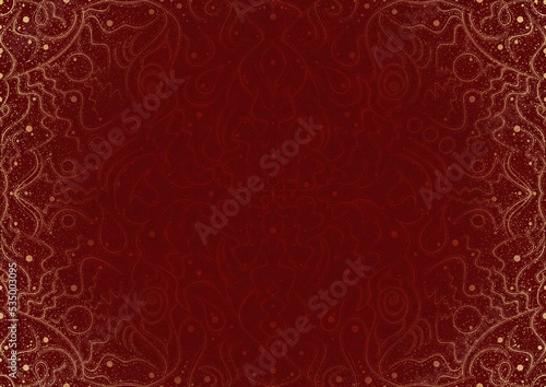 Hand-drawn unique abstract ornament. Light red on a deep red background, with vignette of same pattern and splatters in golden glitter. Paper texture. Digital artwork, A4. (pattern: p07-2a)