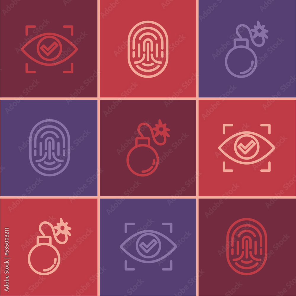 Set line Eye scan, Bomb and Fingerprint icon. Vector Set line Eye scan, Bomb and Fingerprint icon. Vector