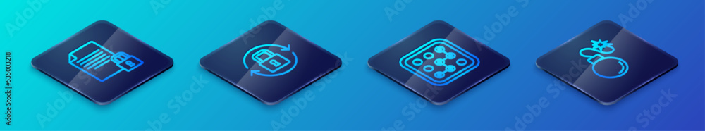 Set Isometric line Graphic password protection, Document and lock, Bomb and Lock icon. Vector Set Isometric line Graphic password protection, Document and lock, Bomb and Lock icon. Vector