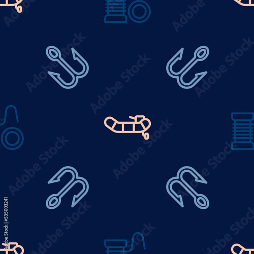 Set line Spinning reel for fishing, Fishing hook and Inflatable boat with motor on seamless pattern. Vector