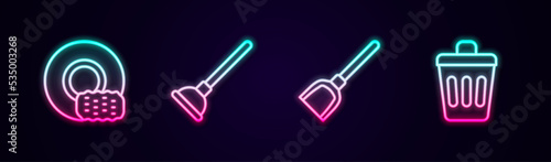 Set line Washing dishes, Rubber plunger, Dustpan and Trash can. Glowing neon icon. Vector
