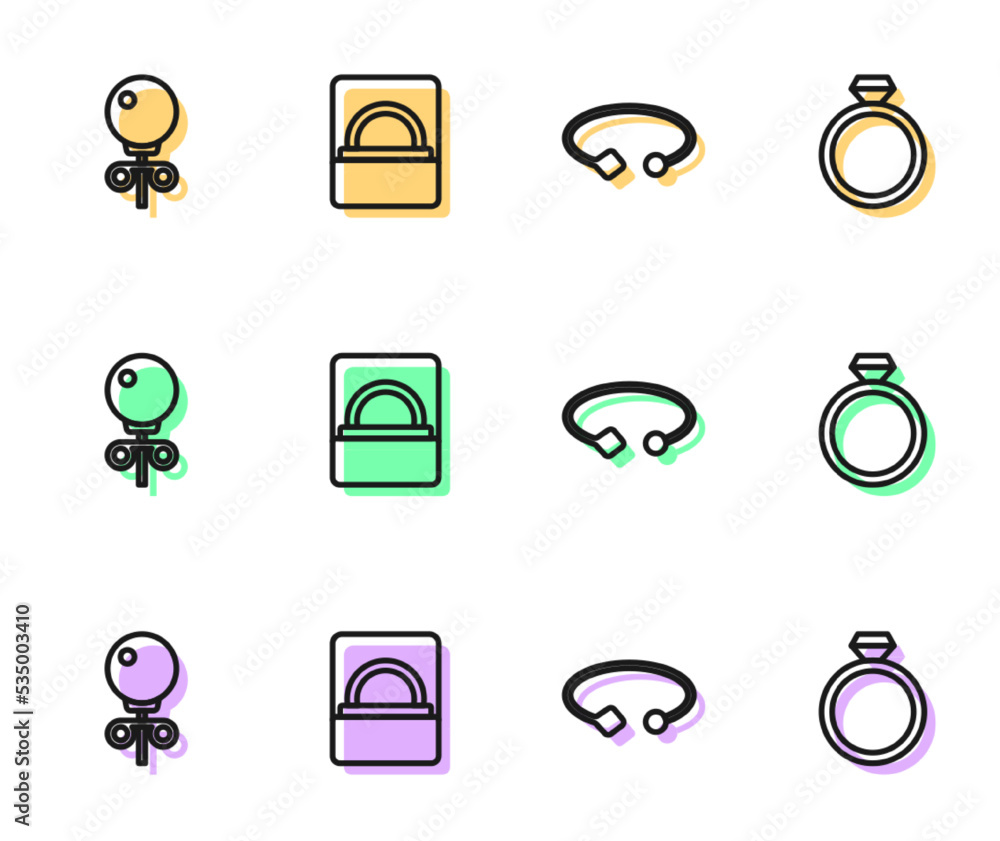 Fototapeta premium Set line Bracelet jewelry, Stud earrings, Diamond engagement box and icon. Vector