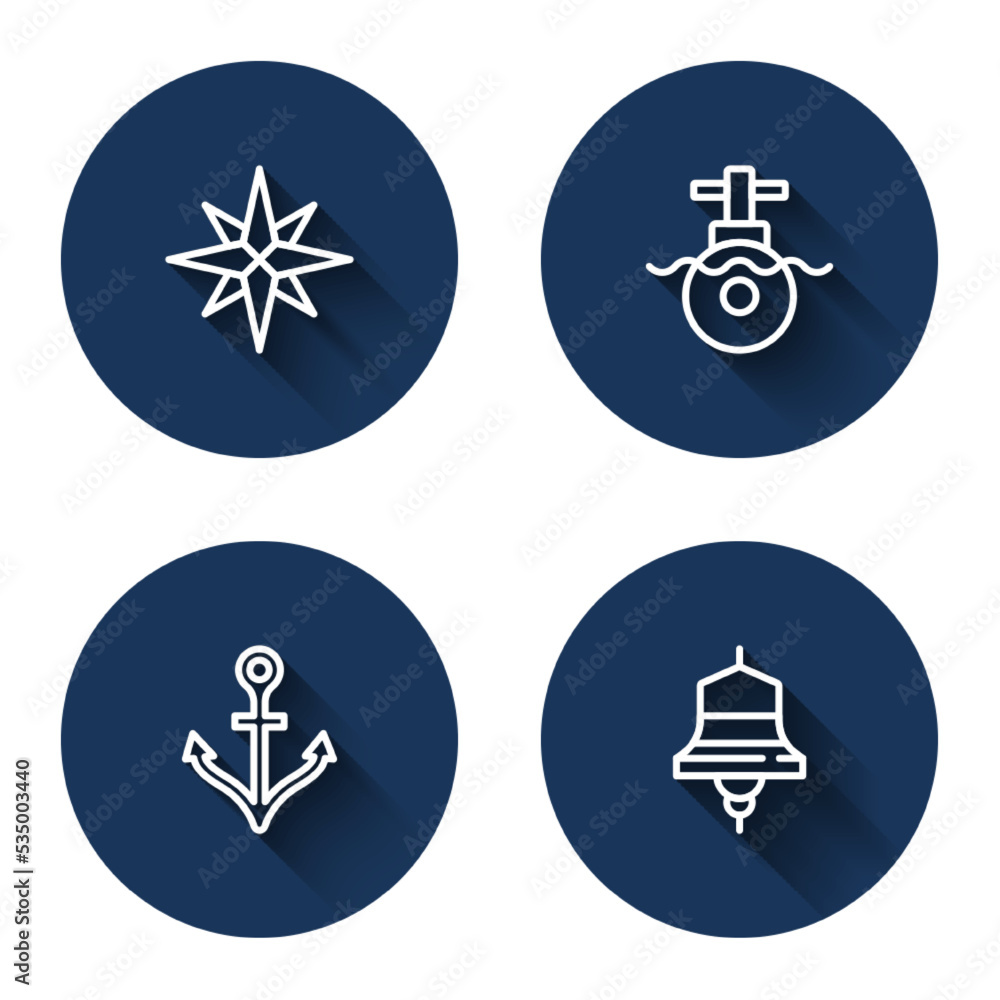 Set line Wind rose, Submarine, Anchor and Ship bell with long shadow. Blue circle button. Vector Set line Wind rose, Submarine, Anchor and Ship bell with long shadow. Blue circle button. Vector