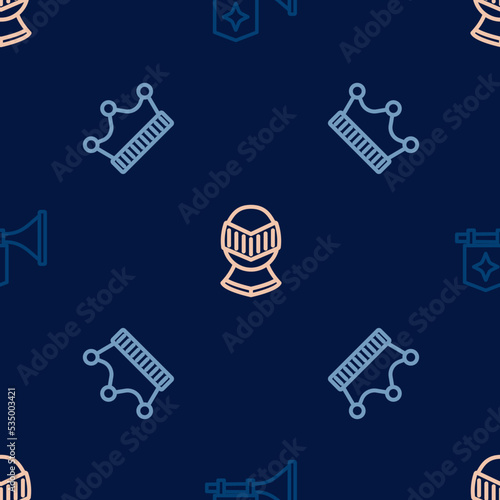 Set line Trumpet with flag, King crown and Medieval helmet on seamless pattern. Vector