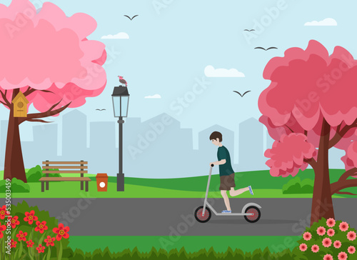 The boy is riding a scooter. City park - trees, a lantern and a bench, birds. Vector illustration. For flyers, posters, flyers, covers and brochures, advertisements and web pages.