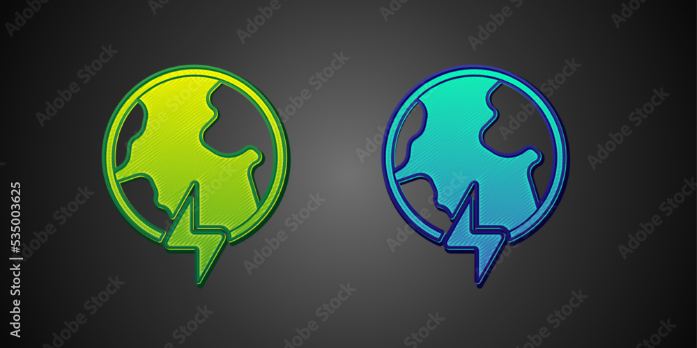 Green and blue Global energy power planet with flash thunderbolt icon isolated on black background. Ecology concept and environmental. Vector