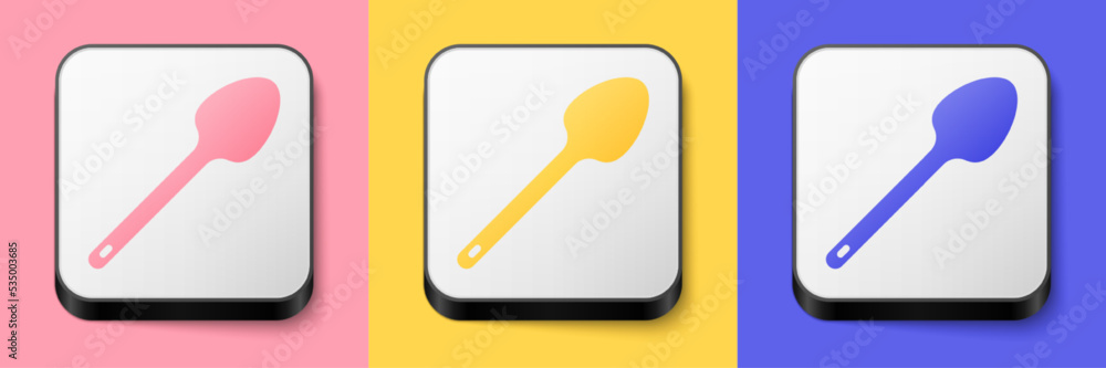 Isometric Teaspoon icon isolated on pink, yellow and blue background. Cooking utensil. Cutlery sign. Square button. Vector