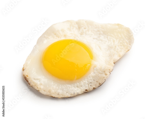 Tasty fried quail egg on white background