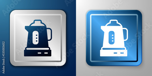 White Electric kettle icon isolated on blue and grey background. Teapot icon. Silver and blue square button. Vector
