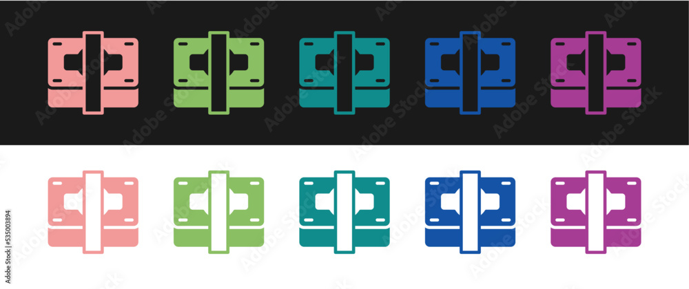 Set Stacks paper money cash icon isolated on black and white background. Money banknotes stacks. Bill currency. Vector