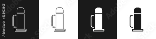 Set Thermos container icon isolated on black and white background. Thermo flask icon. Camping and hiking equipment. Vector