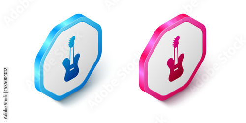 Isometric Electric bass guitar icon isolated on white background. Hexagon button. Vector