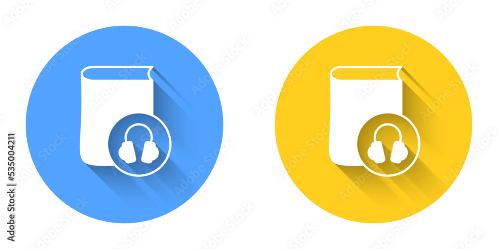 White Audio book icon isolated with long shadow background. Book with headphones. Audio guide sign. Online learning concept. Circle button. Vector White Audio book icon isolated with long shadow background. Book with headphones. Audio guide sign. Online learning concept. Circle button. Vector