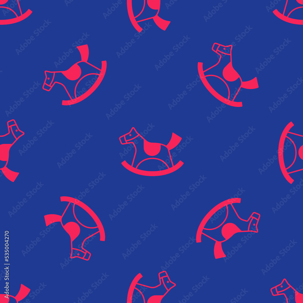 Red Wooden horse in saddle swing for little children icon isolated seamless pattern on blue background. Vector Red Wooden horse in saddle swing for little children icon isolated seamless pattern on blue background. Vector