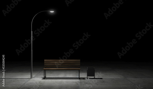 Glowing Street Lamp at Night with bench