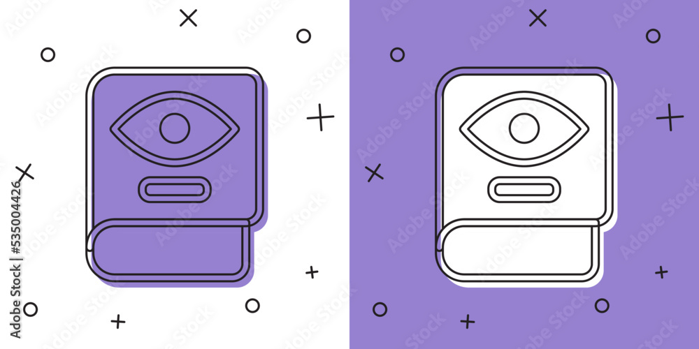 Set Ancient magic book with alchemy recipes and mystic spells and enchantments icon isolated on white and purple background. Vector Set Ancient magic book with alchemy recipes and mystic spells and enchantments icon isolated on white and purple background. Vector