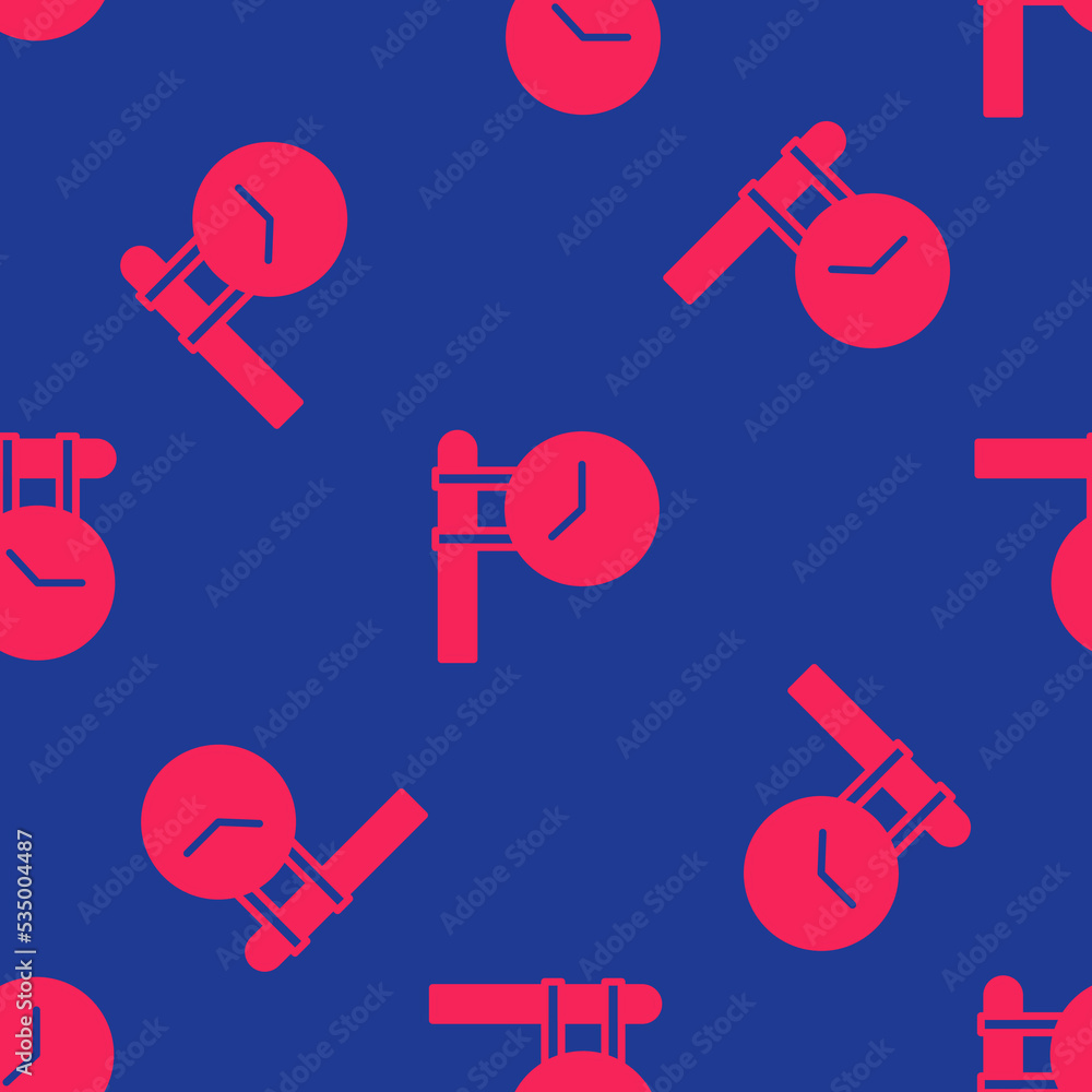Red Train station clock icon isolated seamless pattern on blue background. Vector Red Train station clock icon isolated seamless pattern on blue background. Vector