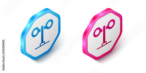 Isometric Train traffic light icon isolated on white background. Traffic lights for the railway to regulate the movement of trains. Hexagon button. Vector