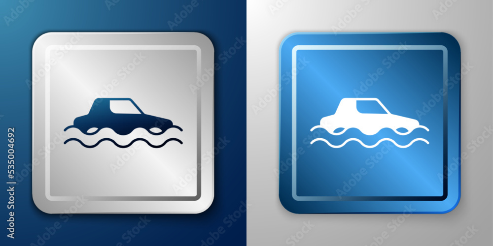 White Flood car icon isolated on blue and grey background. Insurance concept. Flood disaster concept. Security, safety, protection, protect concept. Silver and blue square button. Vector