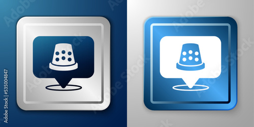White Thimble for sewing icon isolated on blue and grey background. Silver and blue square button. Vector
