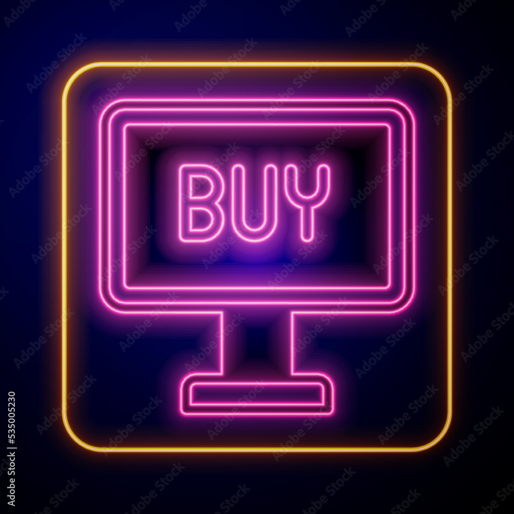 Glowing neon Buy button icon isolated on black background. Vector Glowing neon Buy button icon isolated on black background. Vector