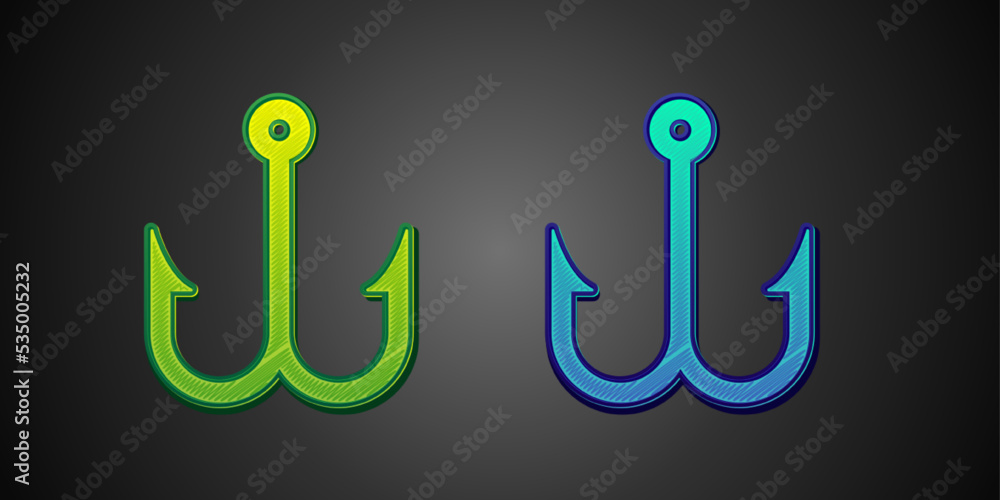Obraz premium Green and blue Fishing hook icon isolated on black background. Fishing tackle. Vector