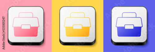 Isometric Case or box container for wobbler and gear fishing equipment icon isolated on pink, yellow and blue background. Fishing tackle. Square button. Vector