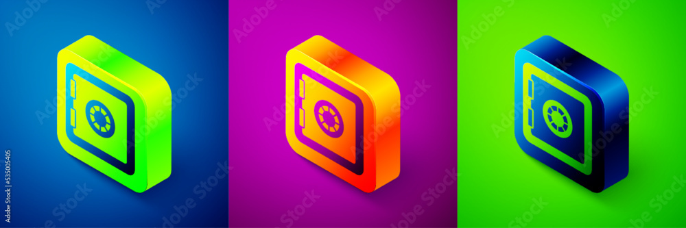 Isometric Safe icon isolated on blue, purple and green background. The door safe a bank vault with a combination lock. Reliable Data Protection. Square button. Vector Isometric Safe icon isolated on blue, purple and green background. The door safe a bank vault with a combination lock. Reliable Data Protection. Square button. Vector