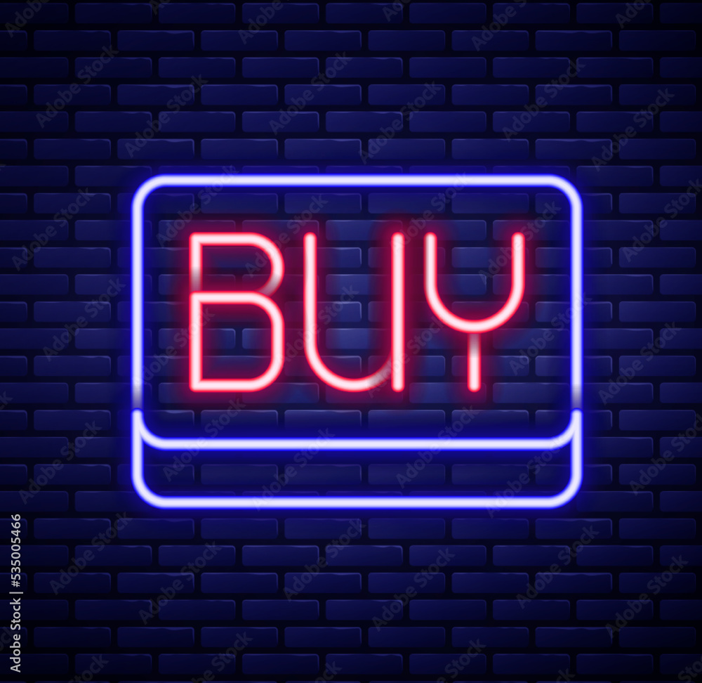 Glowing neon line Buy button icon isolated on brick wall background. Financial and stock investment market concept. Colorful outline concept. Vector