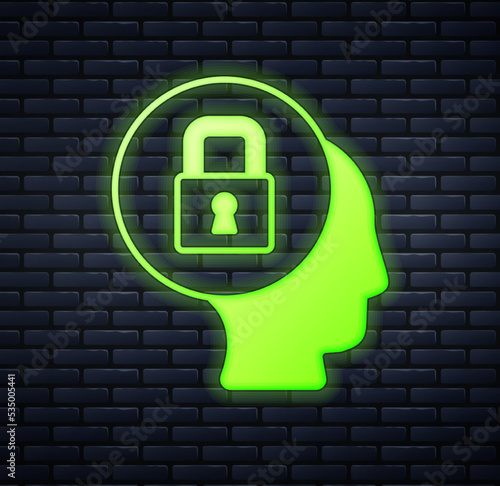 Glowing neon Lock icon isolated on brick wall background. Padlock sign. Security, safety, protection, privacy concept. Vector