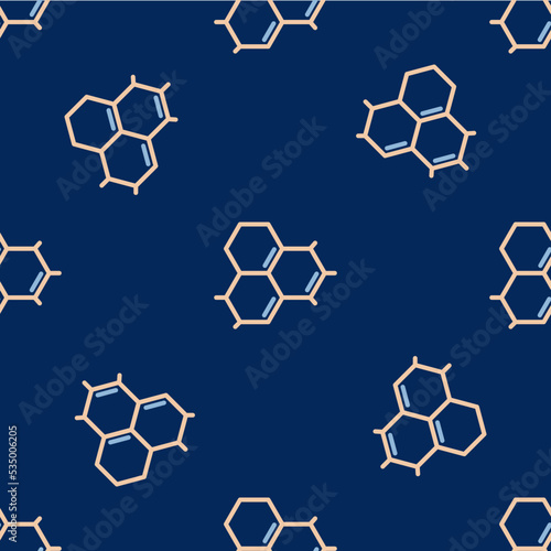 Line Molecule oil icon isolated seamless pattern on blue background. Structure of molecules in chemistry. Vector