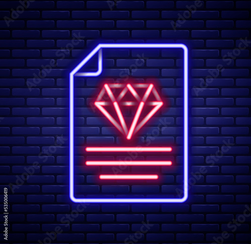 Glowing neon line Certificate of the diamond icon isolated on brick wall background. Colorful outline concept. Vector