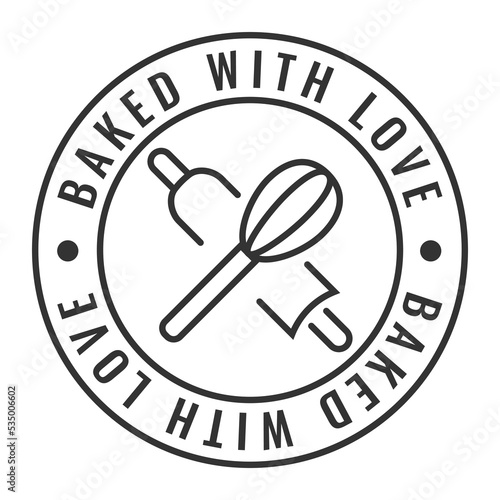 Baked with love. Hand drawn isolated metal whisk. Kitchen tools. Vector engraved icon. For restaurant and cafe menu, baker shop, bread, pasty, sweets.