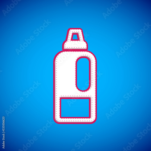 White Plastic bottle for laundry detergent, bleach, dishwashing liquid or another cleaning agent icon isolated on blue background. Vector