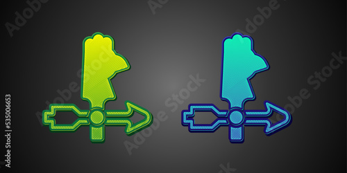 Green and blue Rooster weather vane icon isolated on black background. Weathercock sign. Windvane rooster. Vector