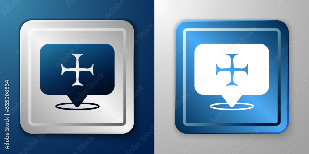 White Crusade icon isolated on blue and grey background. Silver and blue square button. Vector White Crusade icon isolated on blue and grey background. Silver and blue square button. Vector
