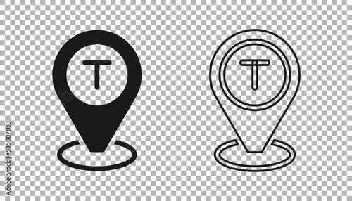 Black Map pointer with taxi car icon isolated on transparent background. Location symbol. Vector