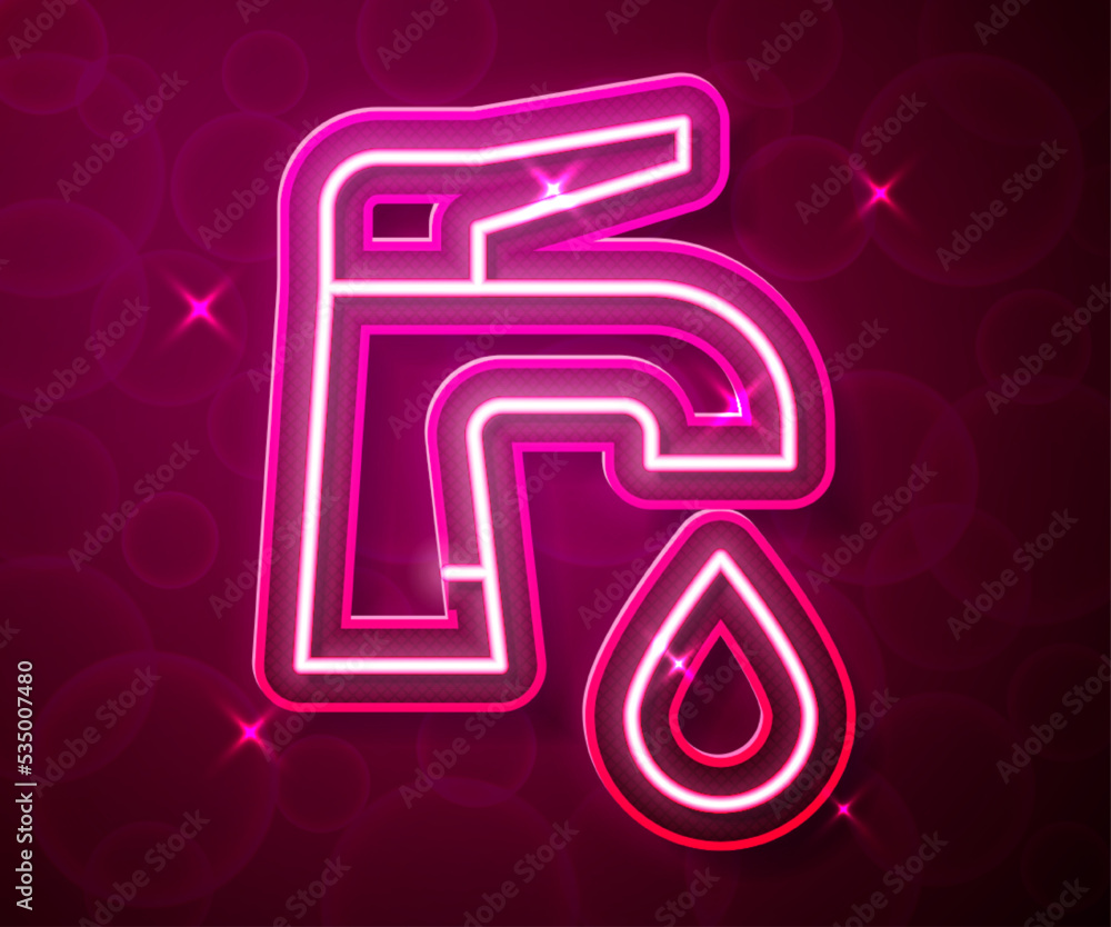 Glowing neon line Water tap icon isolated on red background. Vector Glowing neon line Water tap icon isolated on red background. Vector