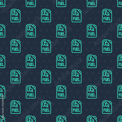 Green line Bio fuel canister icon isolated seamless pattern on blue background. Eco bio and barrel. Green environment and recycle. Vector
