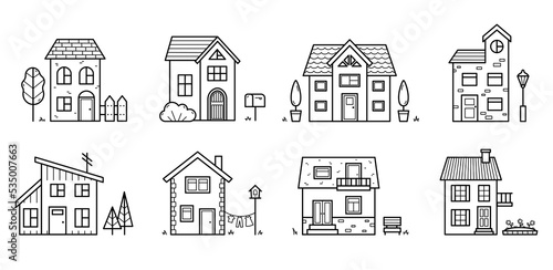 Set of houses. Collection of various city and village homes with decor element. Doodle sketch style. Isolated vector illustration.